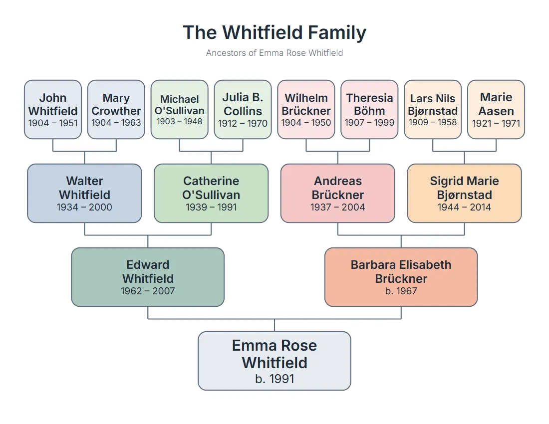 A modern family tree chart with colored boxes